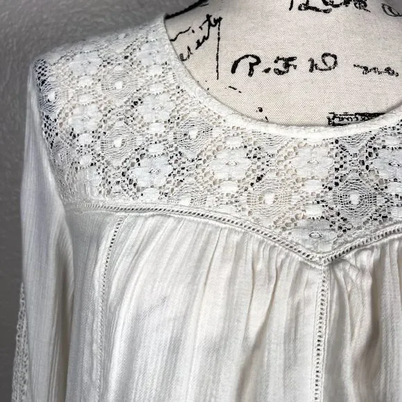 Hinge Sz S 3/4 Sleeve Sweetheart Lace Bodice Blouse White Lace Accents Boho - Picture 3 of 13